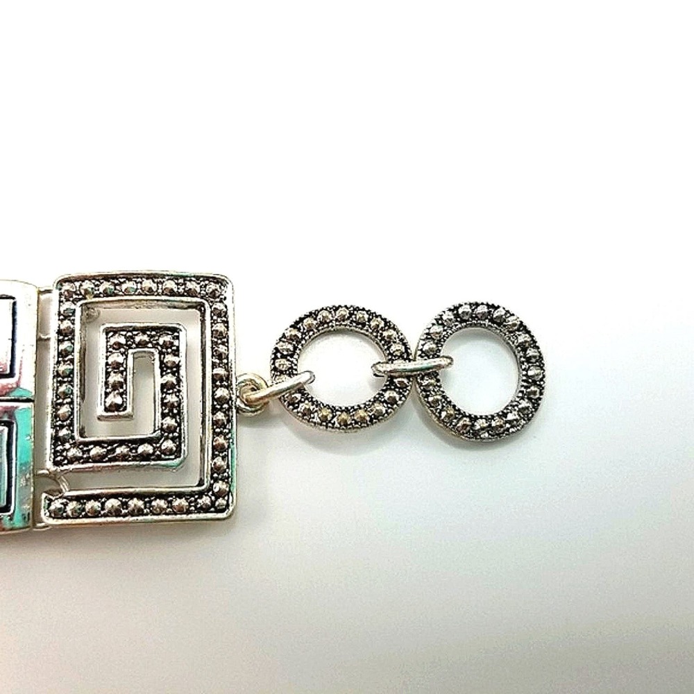 Greek Keysquare Bracelet Chunky Silvertone & Black Spiral Link T-Bar Closure - Picture 6 of 14